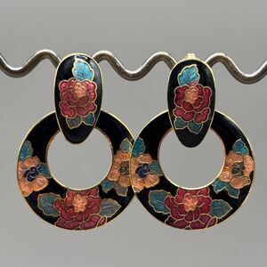 Vintage Cloisonne Enamel Earrings Pierced Convertible Hoop Drop Floral Statement